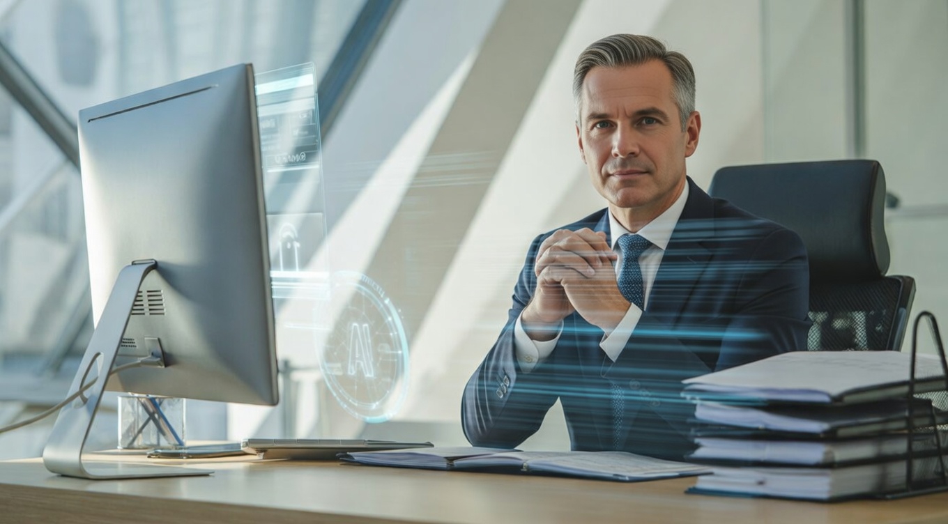 Professional attorney working efficiently with AI automation in modern law office